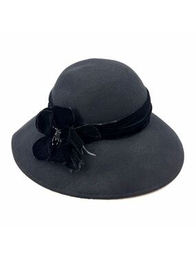 Vintage Importina Black Wide Brim Cloche Hat Flower Detail - 100% Wool